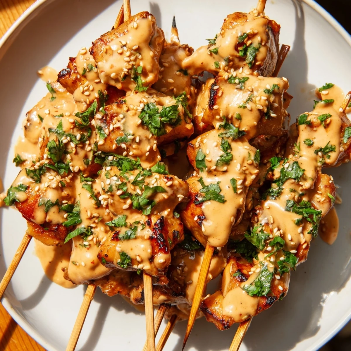 Golden-brown grilled Bang Bang Chicken Skewers drizzled with creamy, spicy-sweet sauce and garnished with fresh cilantro.  
