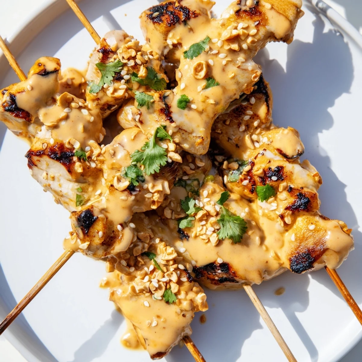Sizzling Bang Bang Chicken Skewers served over steamed rice with a side salad for a weeknight dinner.