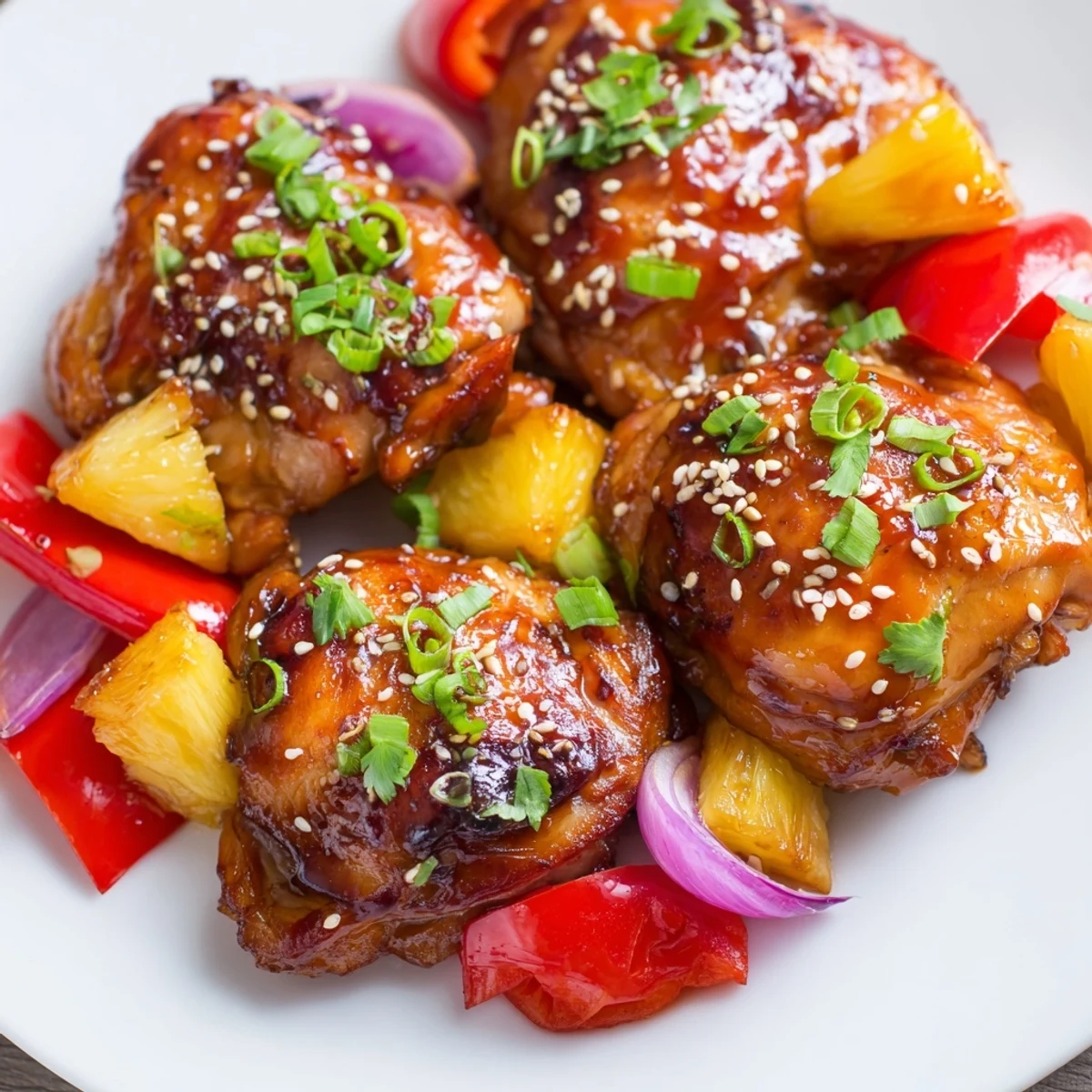 Golden-brown chicken breasts glazed with tangy sauce on a sheet pan with roasted pineapple, red and yellow bell peppers, and red onion wedges, ready to serve.
