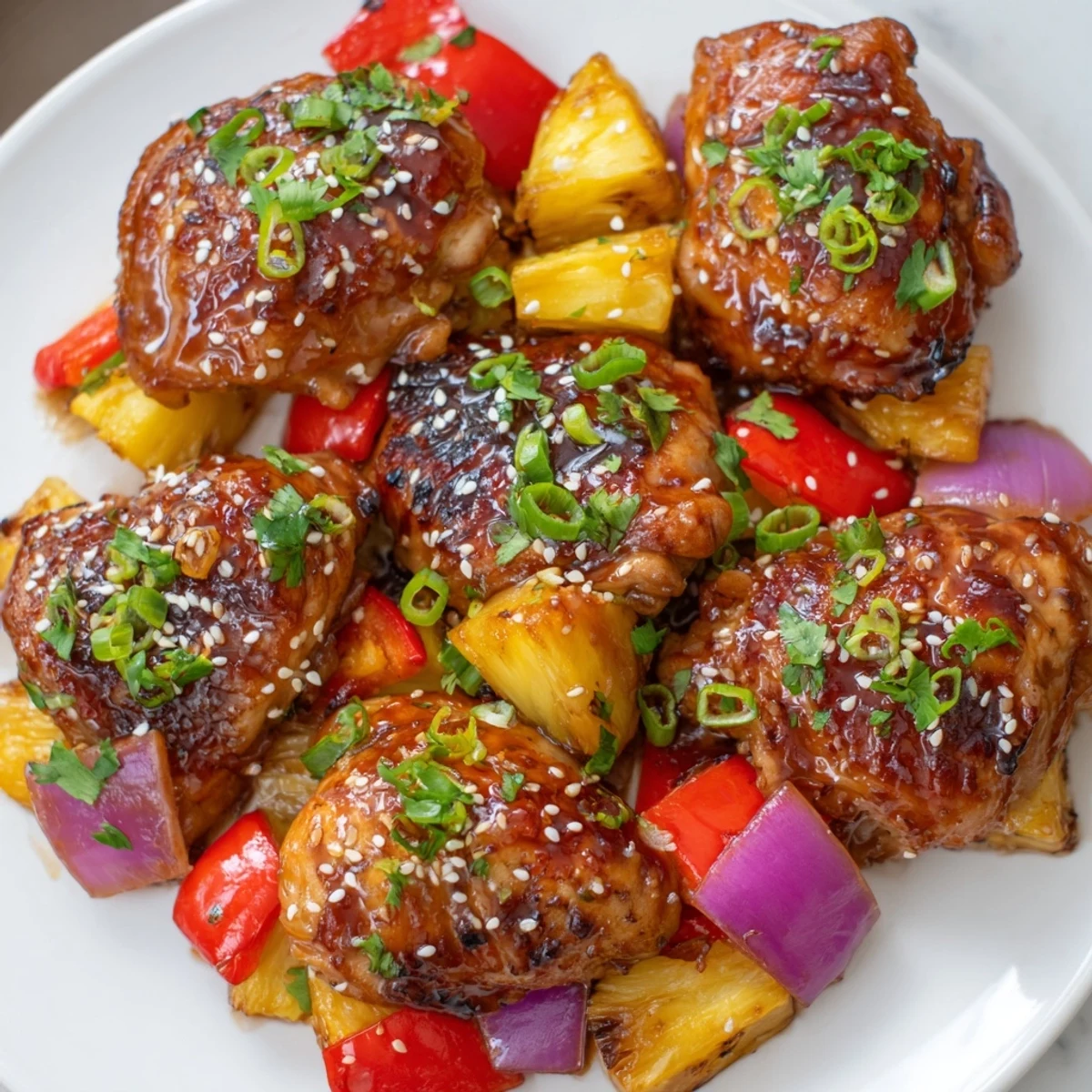 Marry Me Sheet Pan Hawaiian Chicken rests on a baking sheet with vibrant caramelized pineapple chunks and tender peppers, garnished with fresh cilantro and sesame seeds.