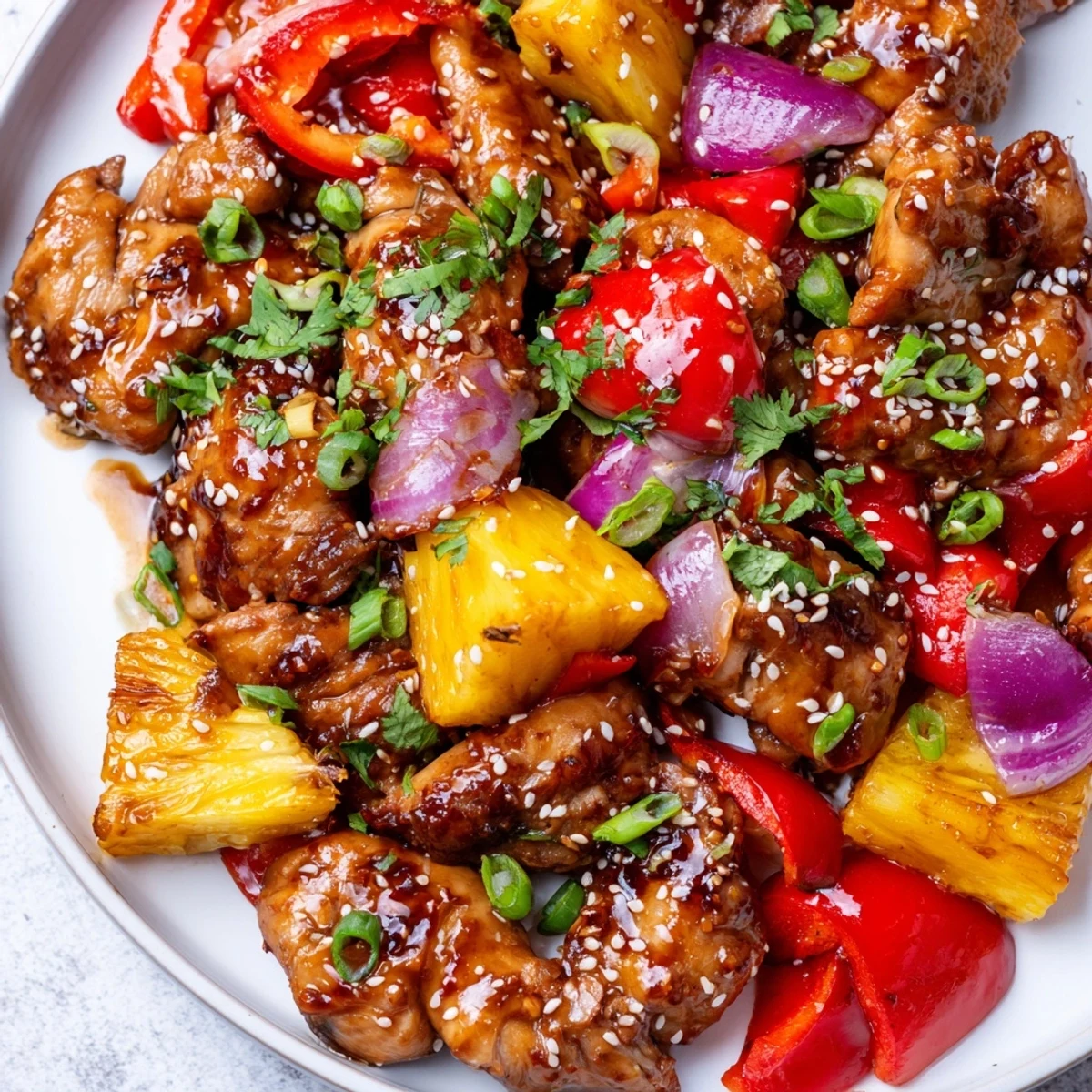 A close-up of Marry Me Sheet Pan Hawaiian Chicken showcases juicy chicken with sweet pineapple and colorful bell peppers, drizzled with a glossy Hawaiian-inspired sauce.