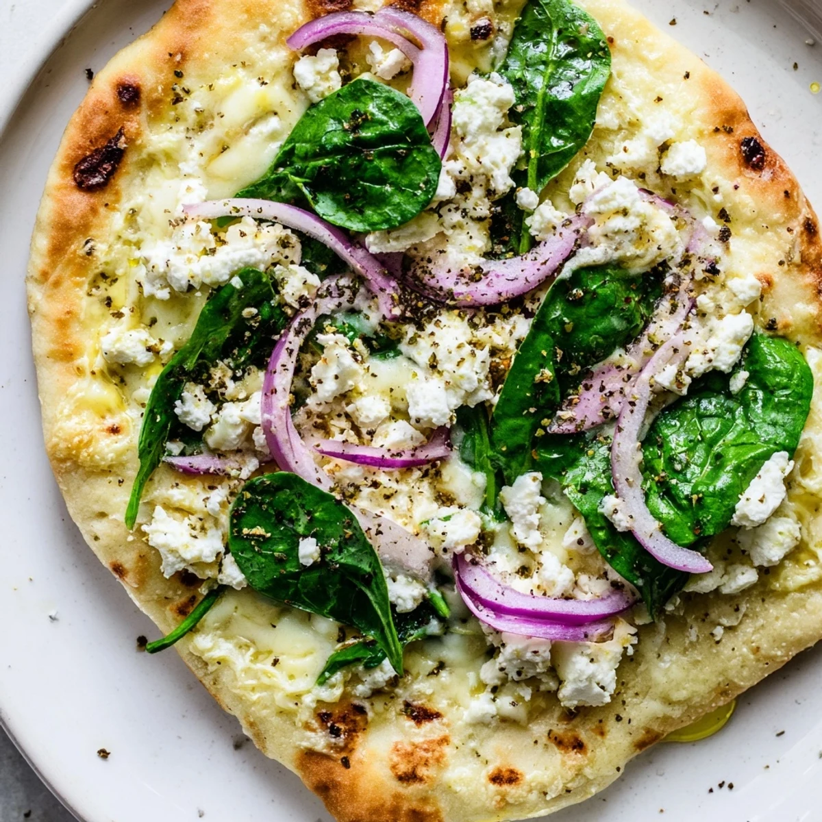 Golden, crispy Spinach and Feta Flatbread Pizza fresh from the oven, topped with wilted greens and creamy cheese.