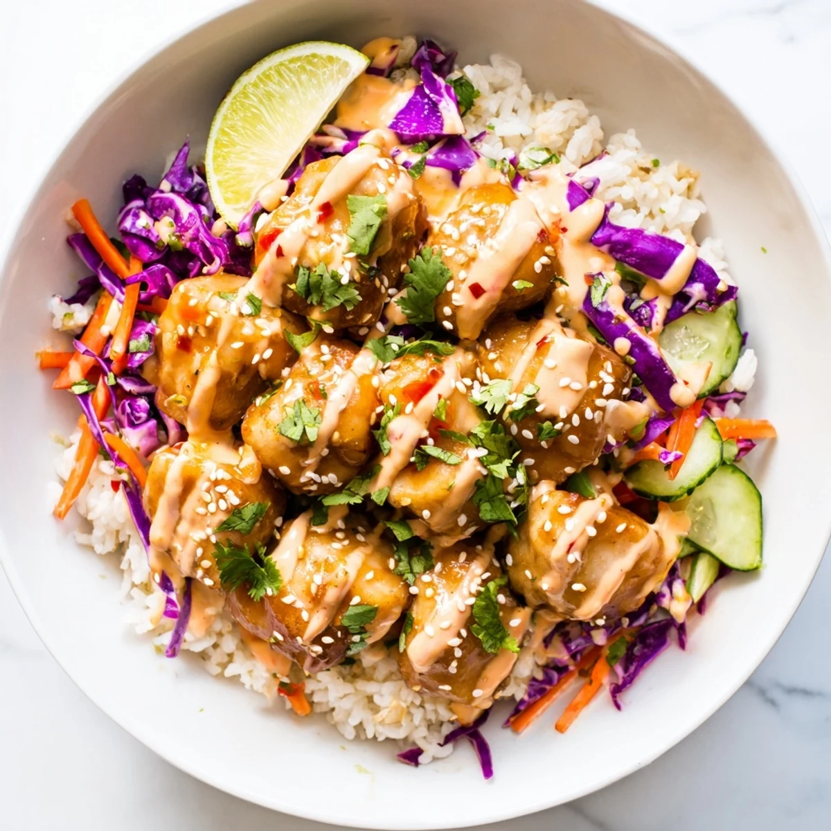 Golden-brown sweet chili chicken pieces rest in a white bowl atop fluffy jasmine rice, garnished with shredded purple cabbage and julienned carrots.