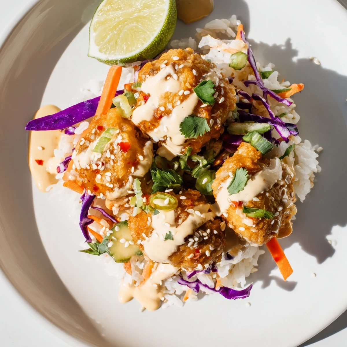 This Marry Me Sweet Chili Chicken Bowl showcases vibrant vegetables and toasted sesame seeds under a creamy coconut lime drizzle.