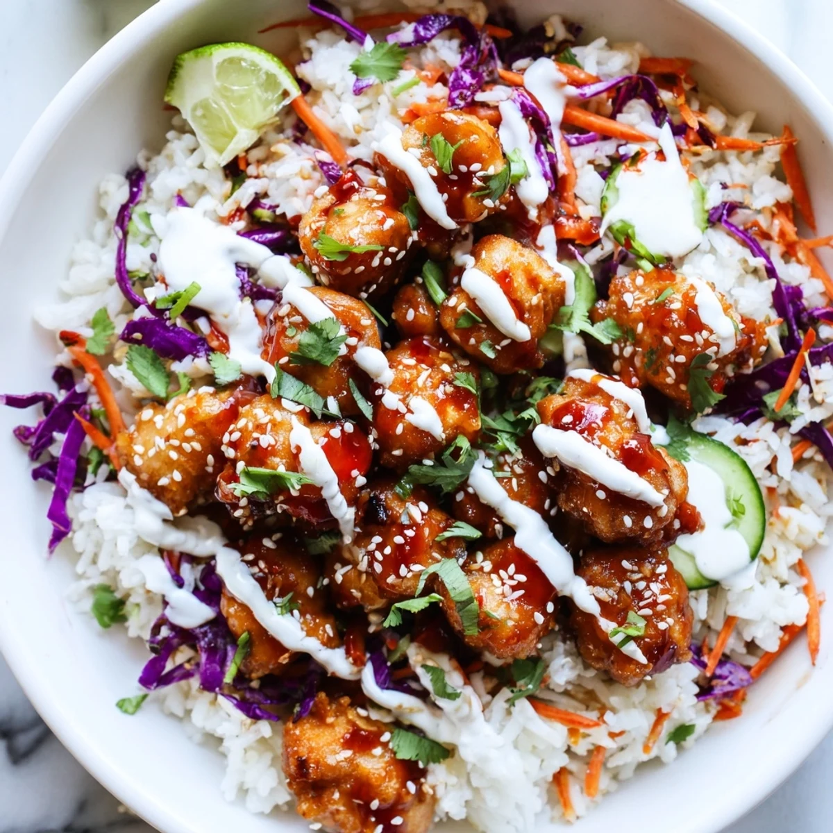 Close-up of the Marry Me Sweet Chili Chicken Bowl with glossy sauce, fresh cilantro, and lime wedges ready to serve.