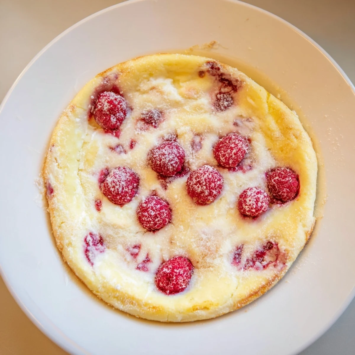 In the center of an 8-inch dish, the Lemon Raspberry Cottage Cheese Bake shows a lightly golden, set surface ready to serve.