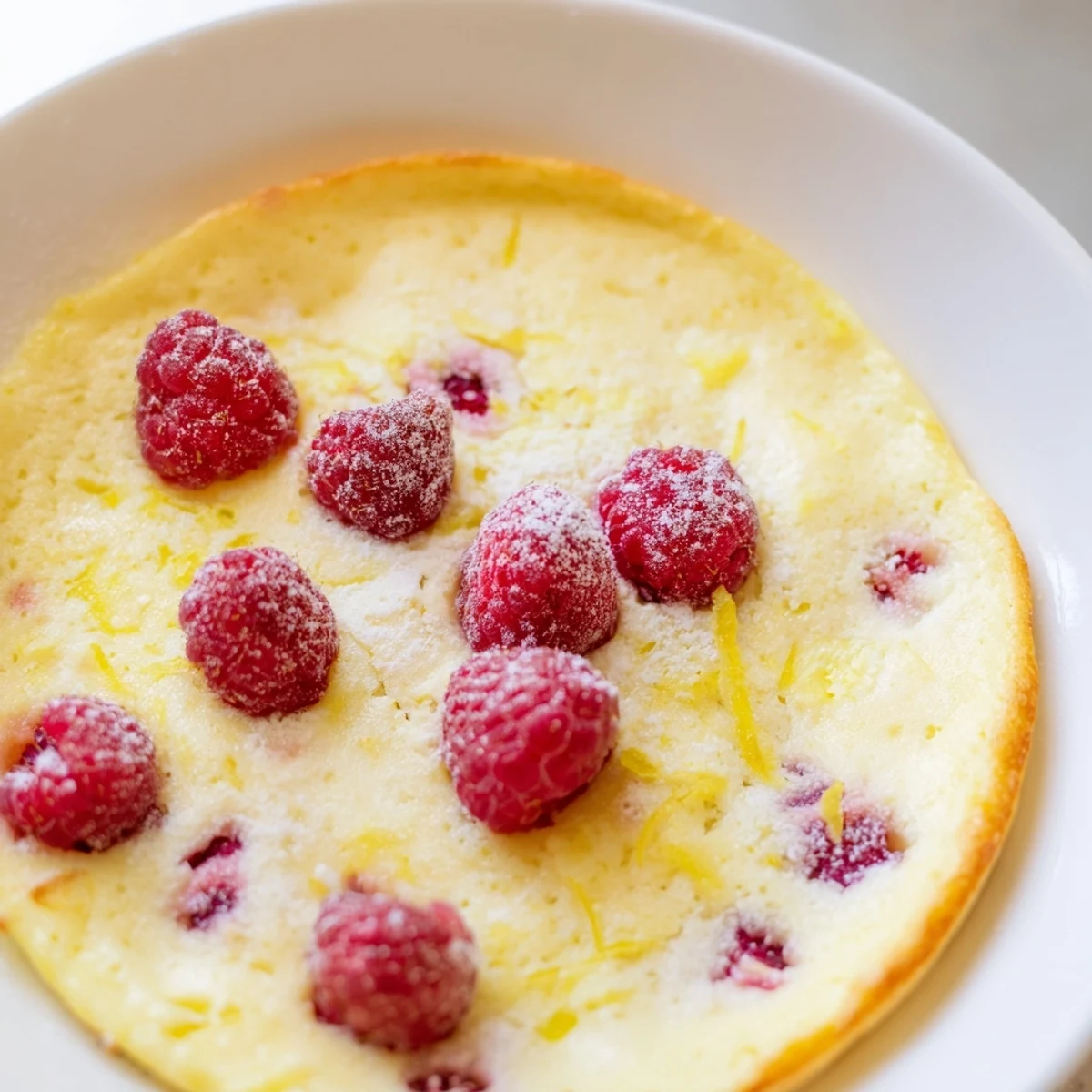 A slice of the Lemon Raspberry Cottage Cheese Bake reveals a creamy, pale yellow interior studded with bright red raspberries.