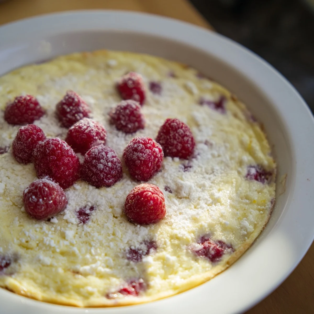 A serving of the Lemon Raspberry Cottage Cheese Bake is plated with fresh raspberries and a light dusting of powdered sugar.