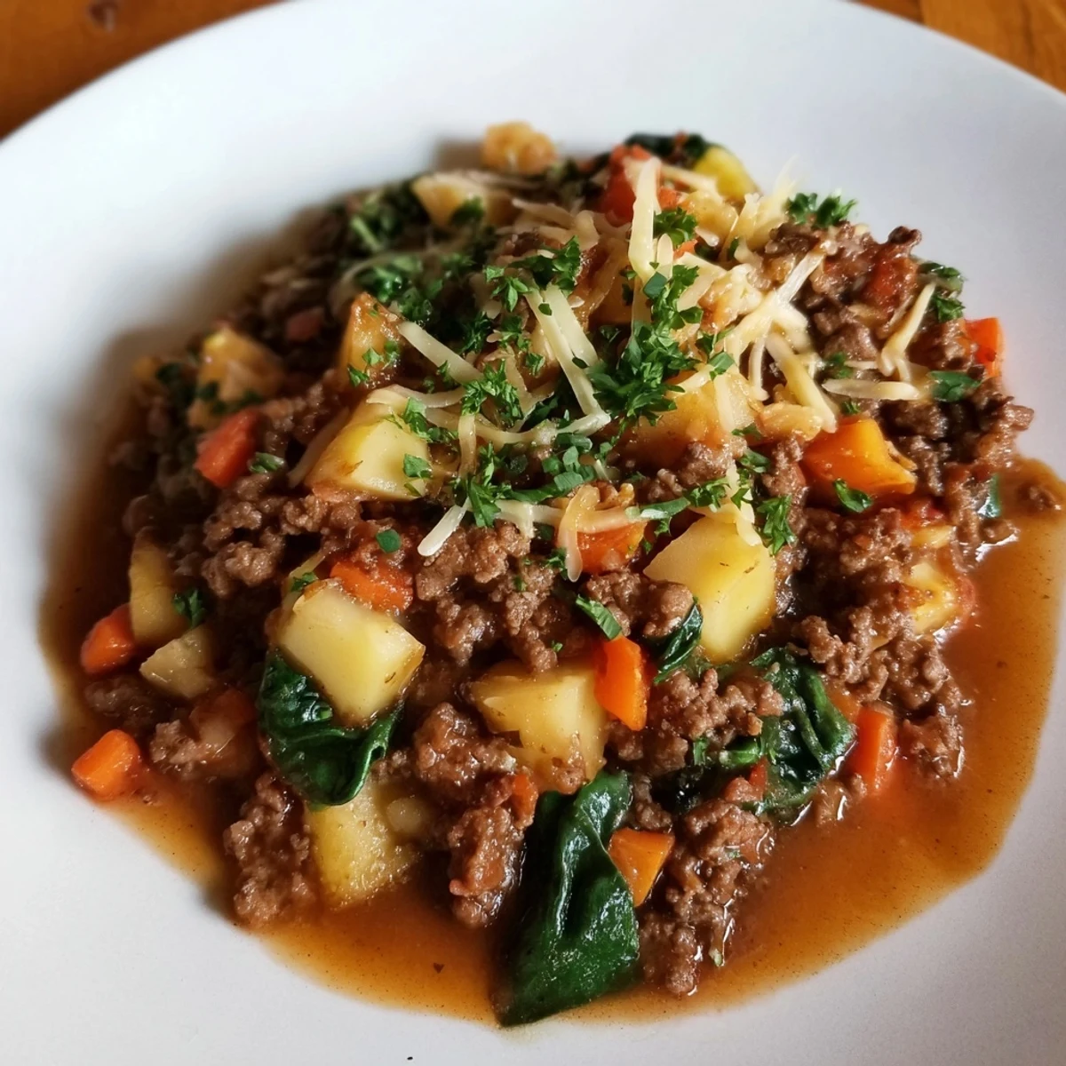 Fork-tender potatoes and savory lean ground beef simmer in this High Protein Ground Beef and Potatoes skillet.
