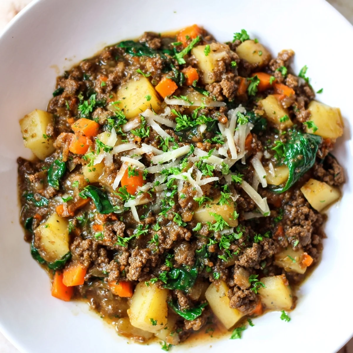 Sizzling ground beef, diced russet potatoes, and wilted spinach create a hearty High Protein Ground Beef and Potatoes meal.