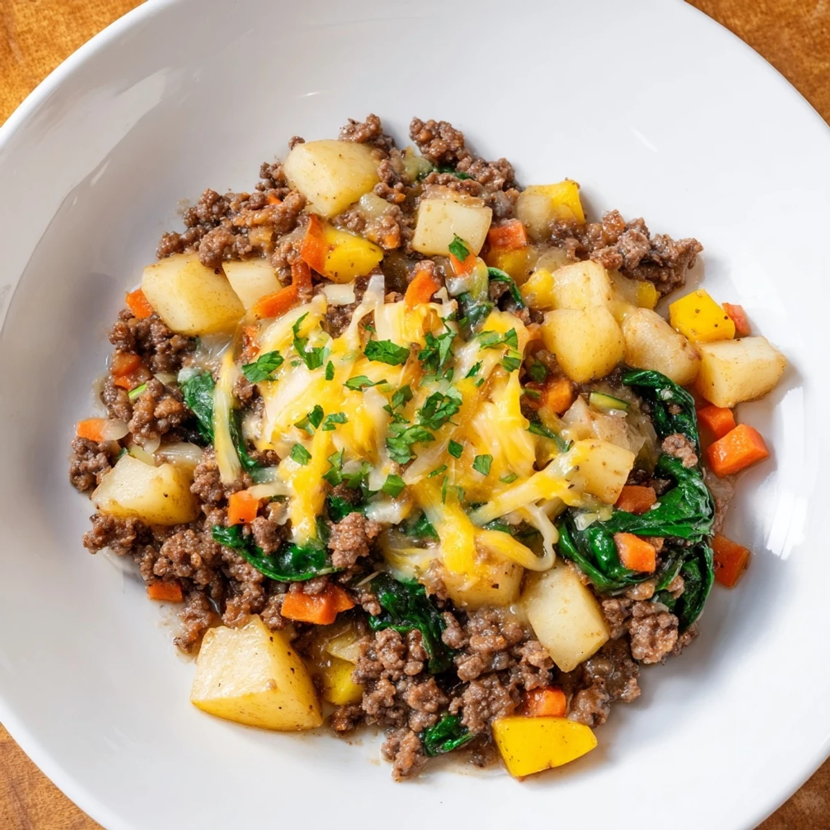 A close-up shows melted cheddar cheese and fresh parsley on the High Protein Ground Beef and Potatoes dinner.