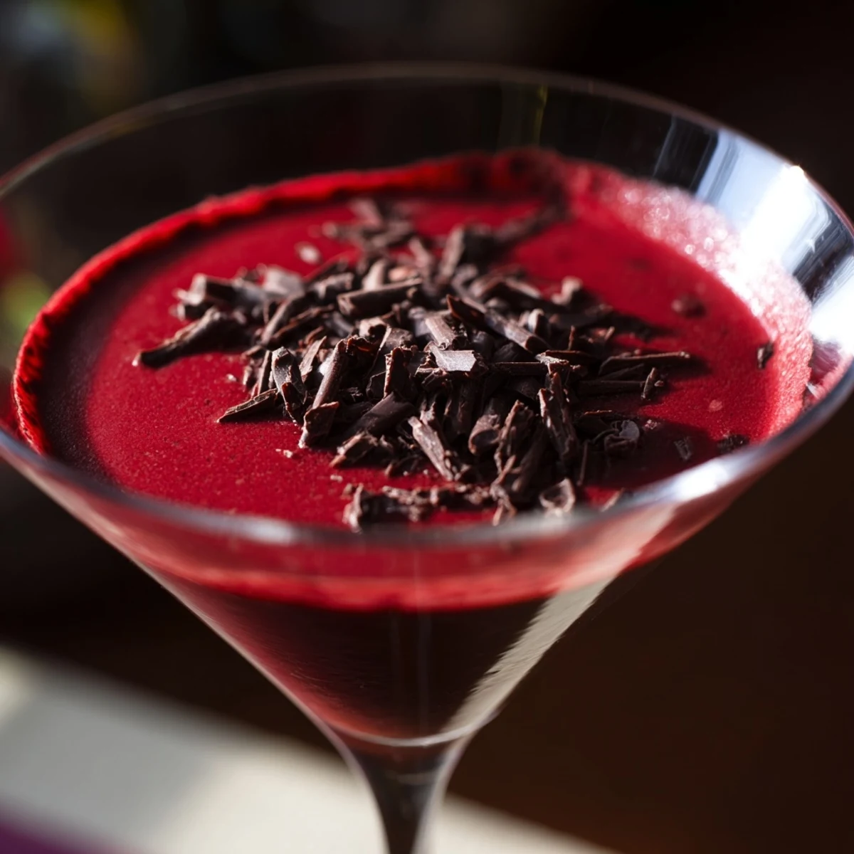 Two chilled Decadent Red Velvet Martini glasses sit on a dark slate counter, garnished with rich chocolate shavings and a creamy rim.