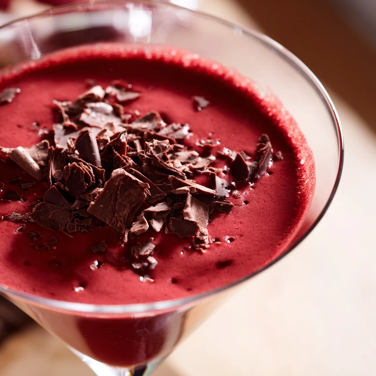 A close-up of a Decadent Red Velvet Martini shows its deep red hue and creamy texture, with red velvet cake crumbs on top.