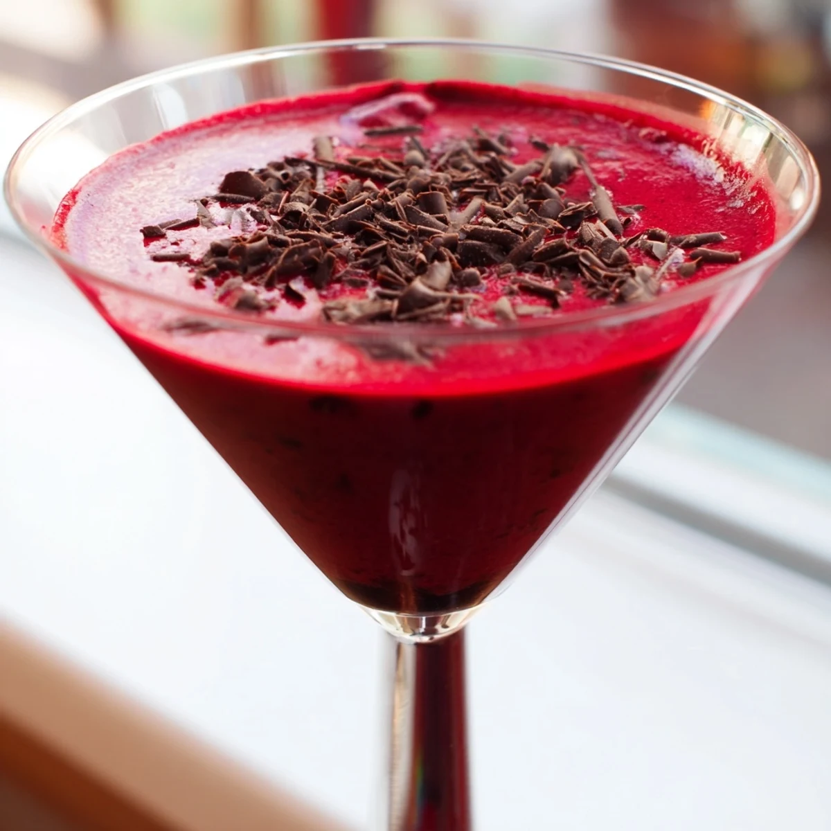 The Decadent Red Velvet Martini is poured into a glass, revealing a vibrant crimson color and a garnish of chocolate shavings.
