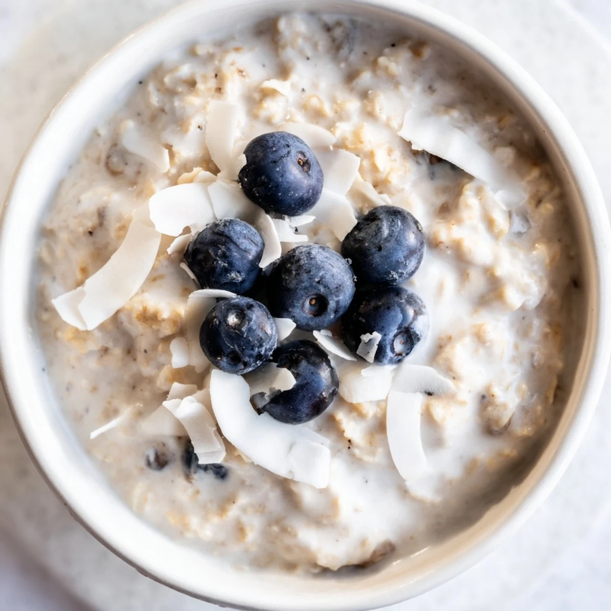A warm bowl of Tasty Coconut Cream Oats topped with fresh blueberries and shredded coconut.
