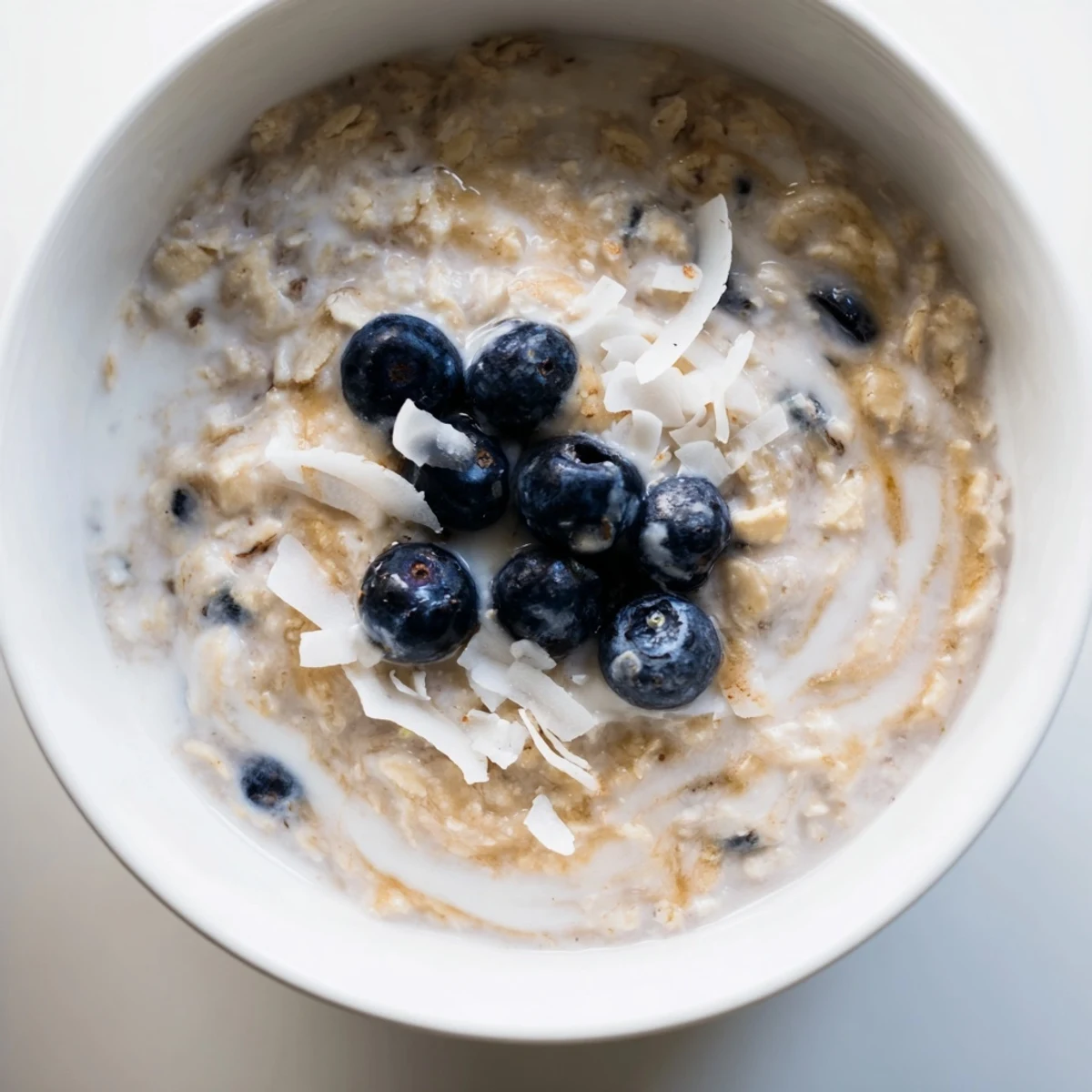 Enjoy a spoonful of Tasty Coconut Cream Oats with sliced strawberries and a drizzle of maple syrup.