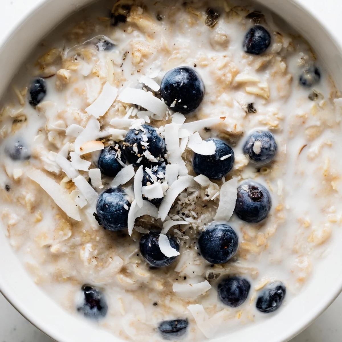 This Tasty Coconut Cream Oats recipe features creamy oats and toasted coconut flakes in a cozy breakfast setting.