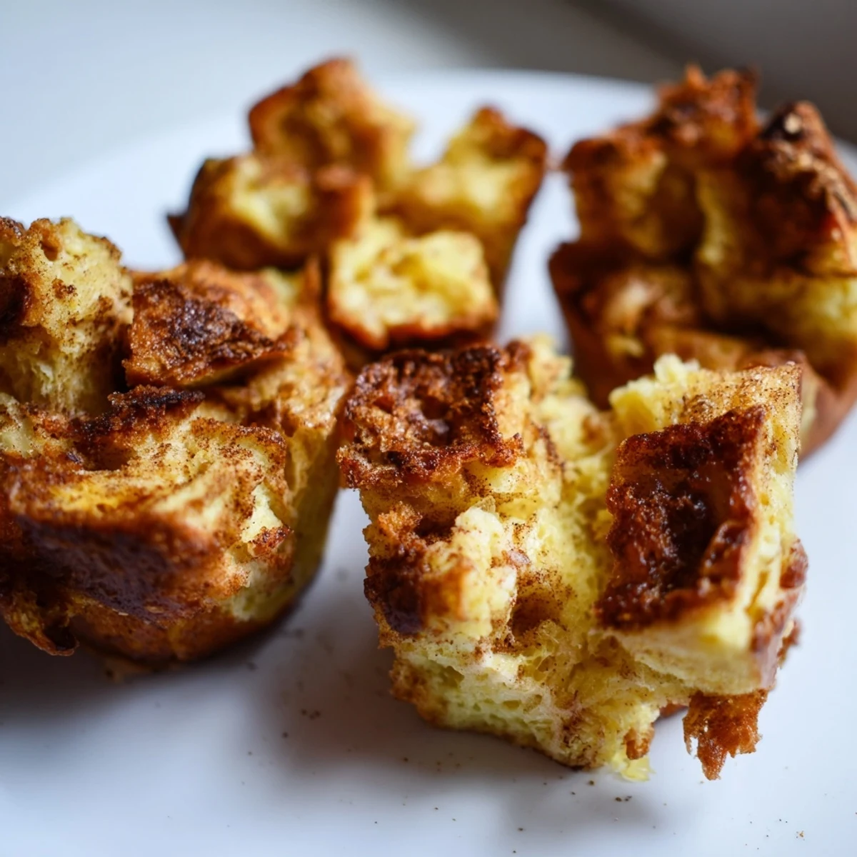 Golden-baked Protein French Toast Muffins rise in a muffin tin, topped with pecans and fresh berries.