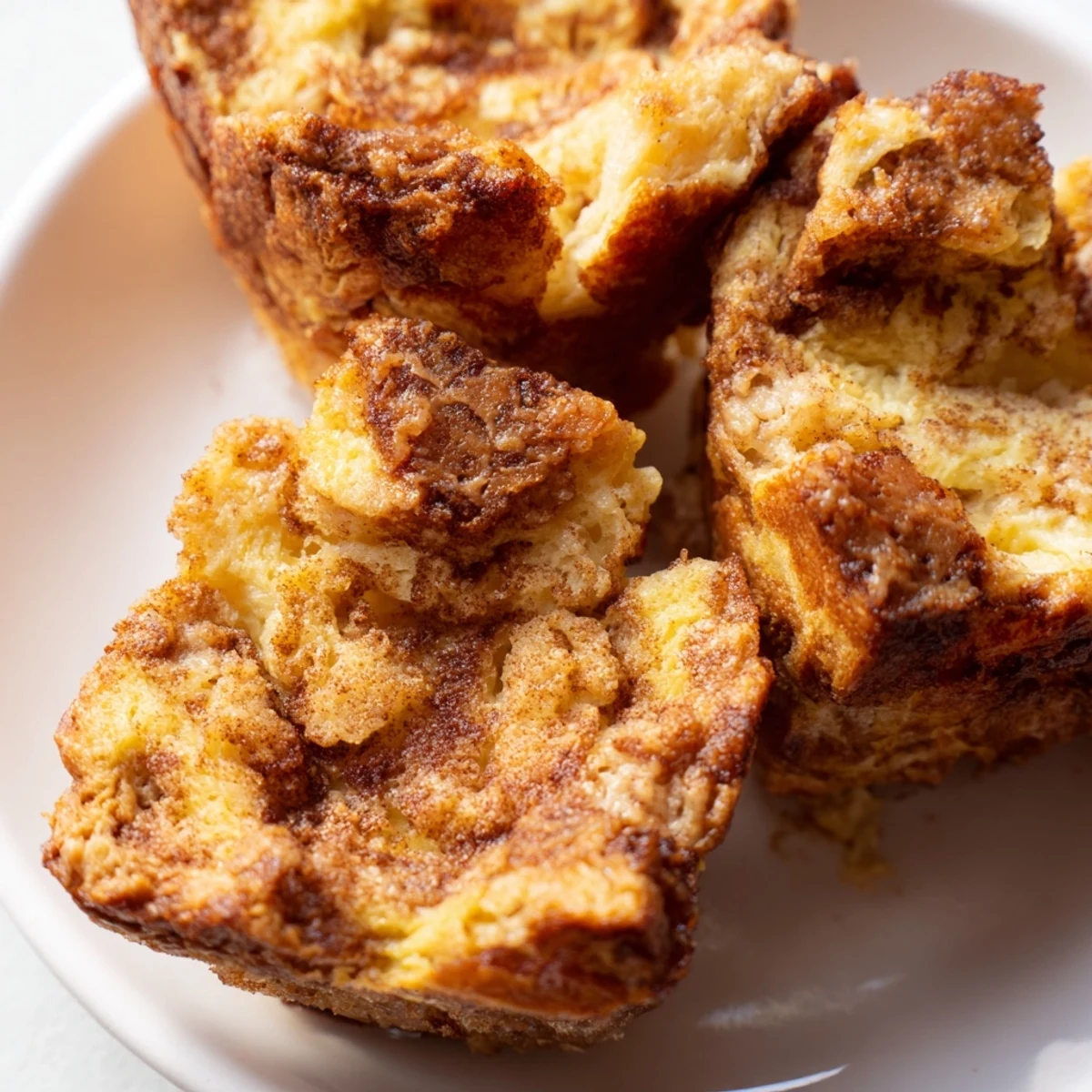 Protein French Toast Muffins sit on a white plate, drizzled with maple syrup for a sweet finish.