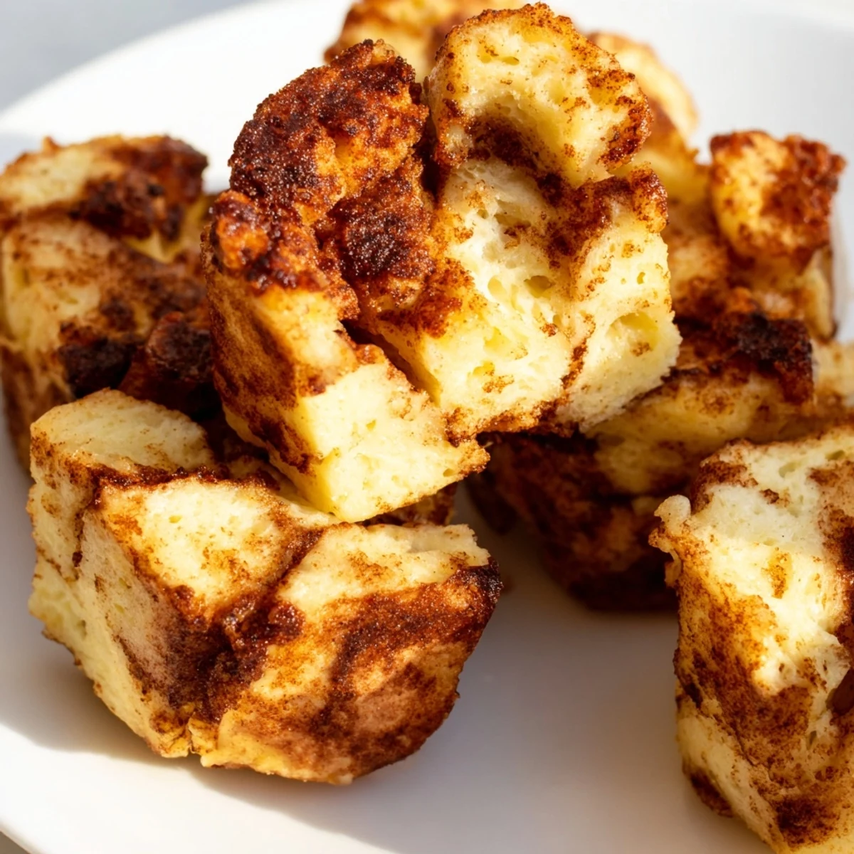 Close-up of Protein French Toast Muffins with a fluffy interior, served warm on a rustic wooden board.