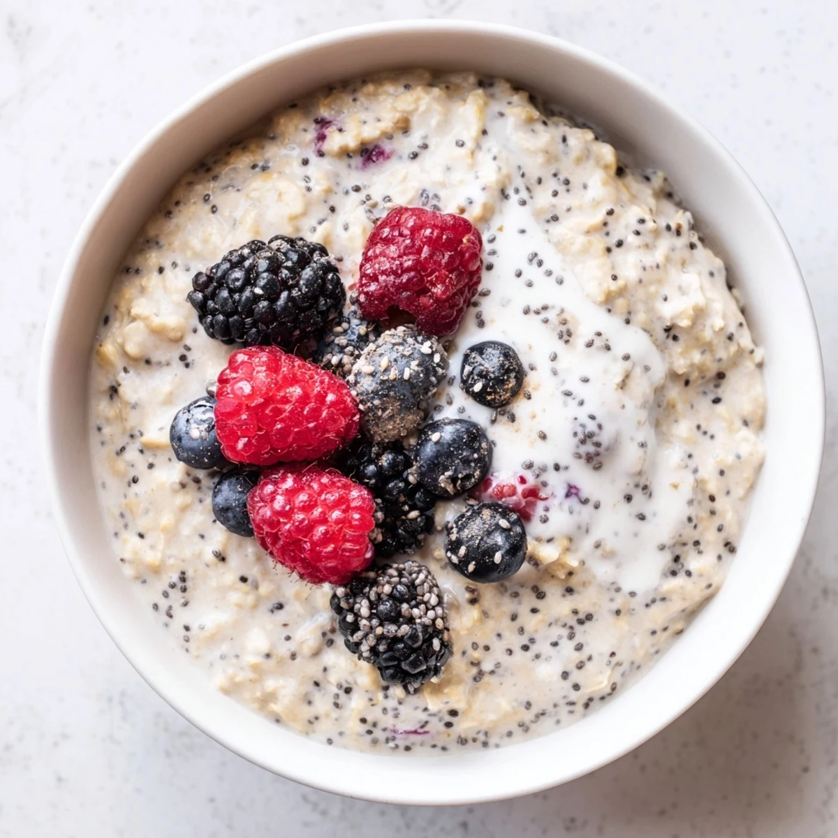 A chilled bowl of Vegan Lemon Poppy Seed Overnight Oats featuring lemon zest and crunchy poppy seeds for breakfast.