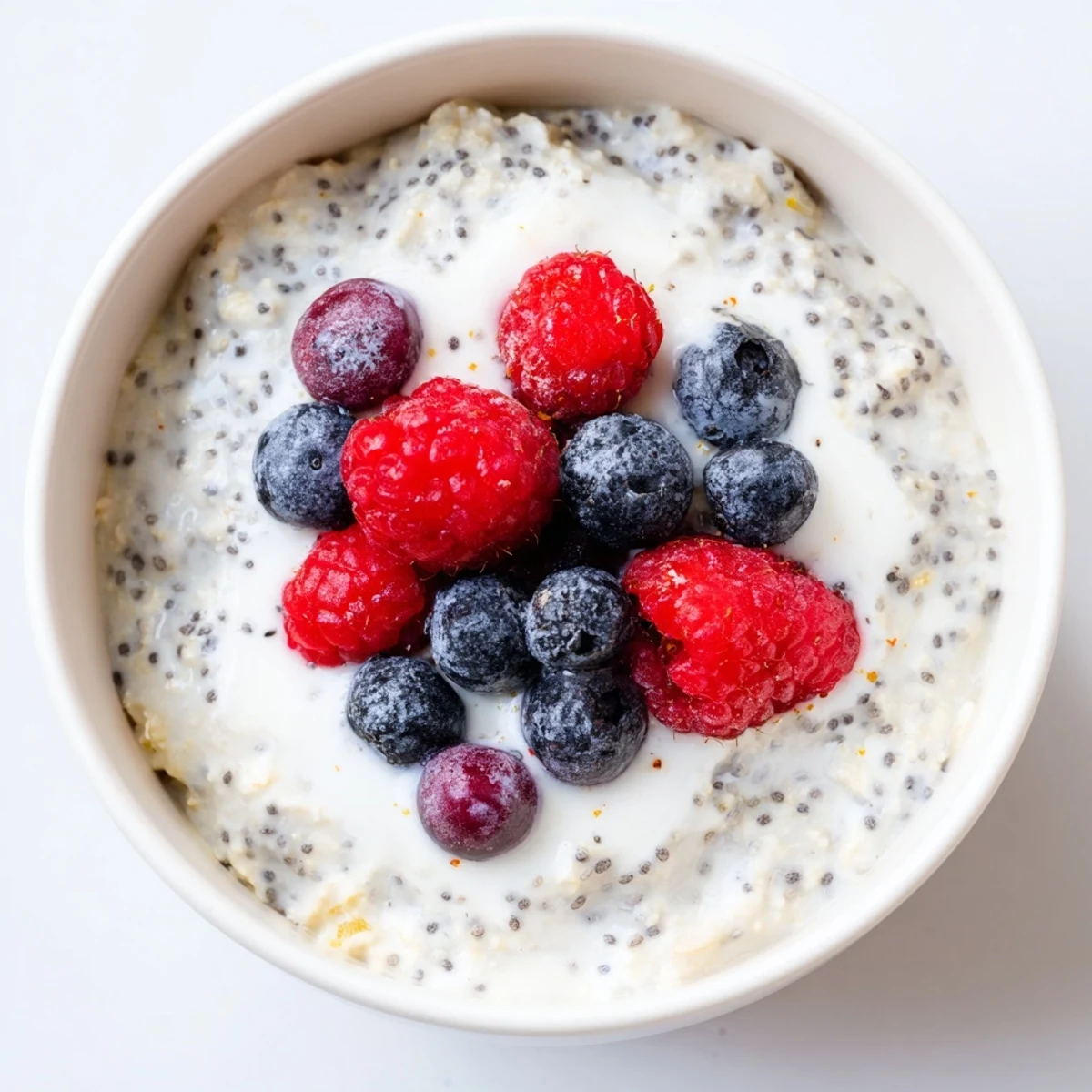 Thick and creamy Vegan Lemon Poppy Seed Overnight Oats topped with fresh berries and sliced almonds in a glass jar.