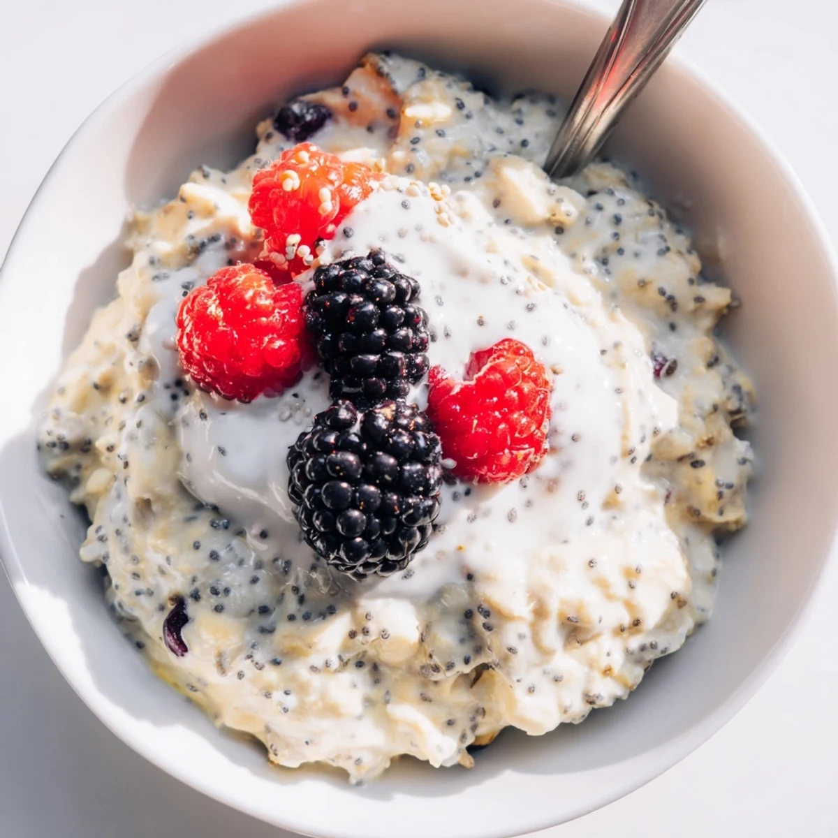 Plant-based Vegan Lemon Poppy Seed Overnight Oats with almond milk, showing a spoon ready to eat a tangy bite.