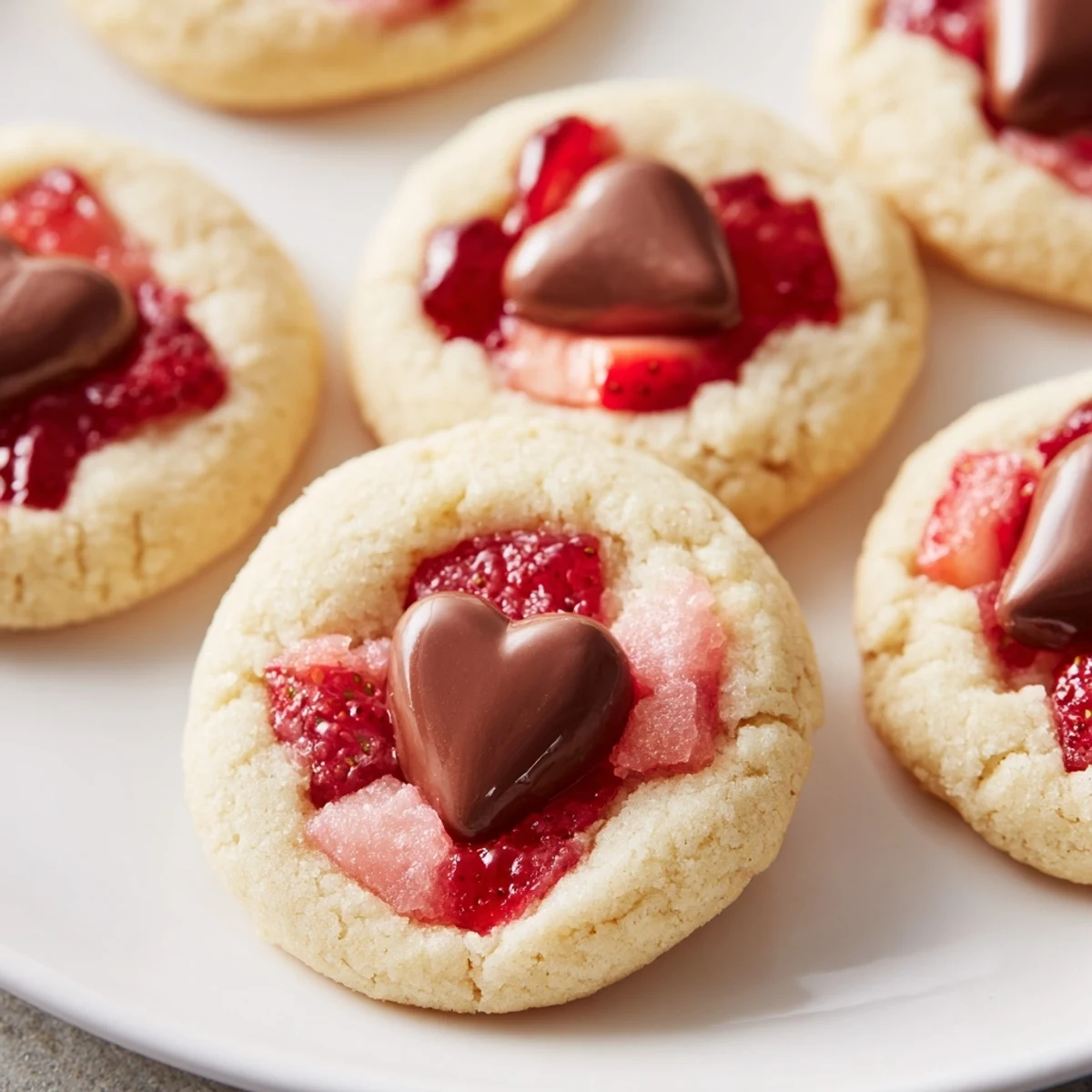Freshly baked Strawberry Kiss Cookies with melted chocolate centers and a soft, buttery crumb on a cooling rack.  