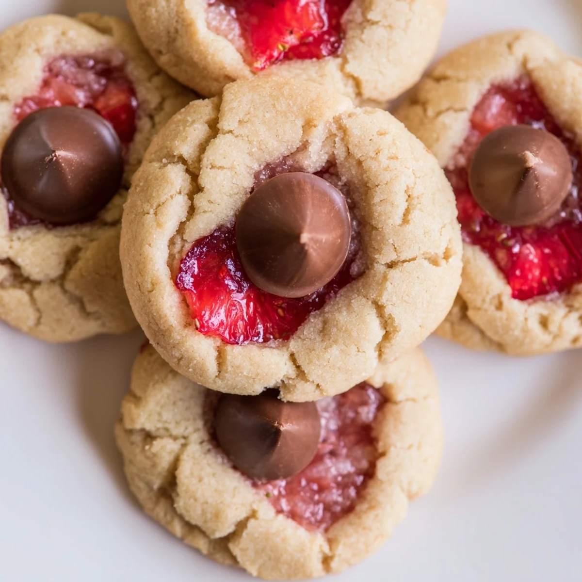 Strawberry Kiss Cookies arranged on a dessert table, showing jam-filled texture and Hershey’s Kisses toppings.  