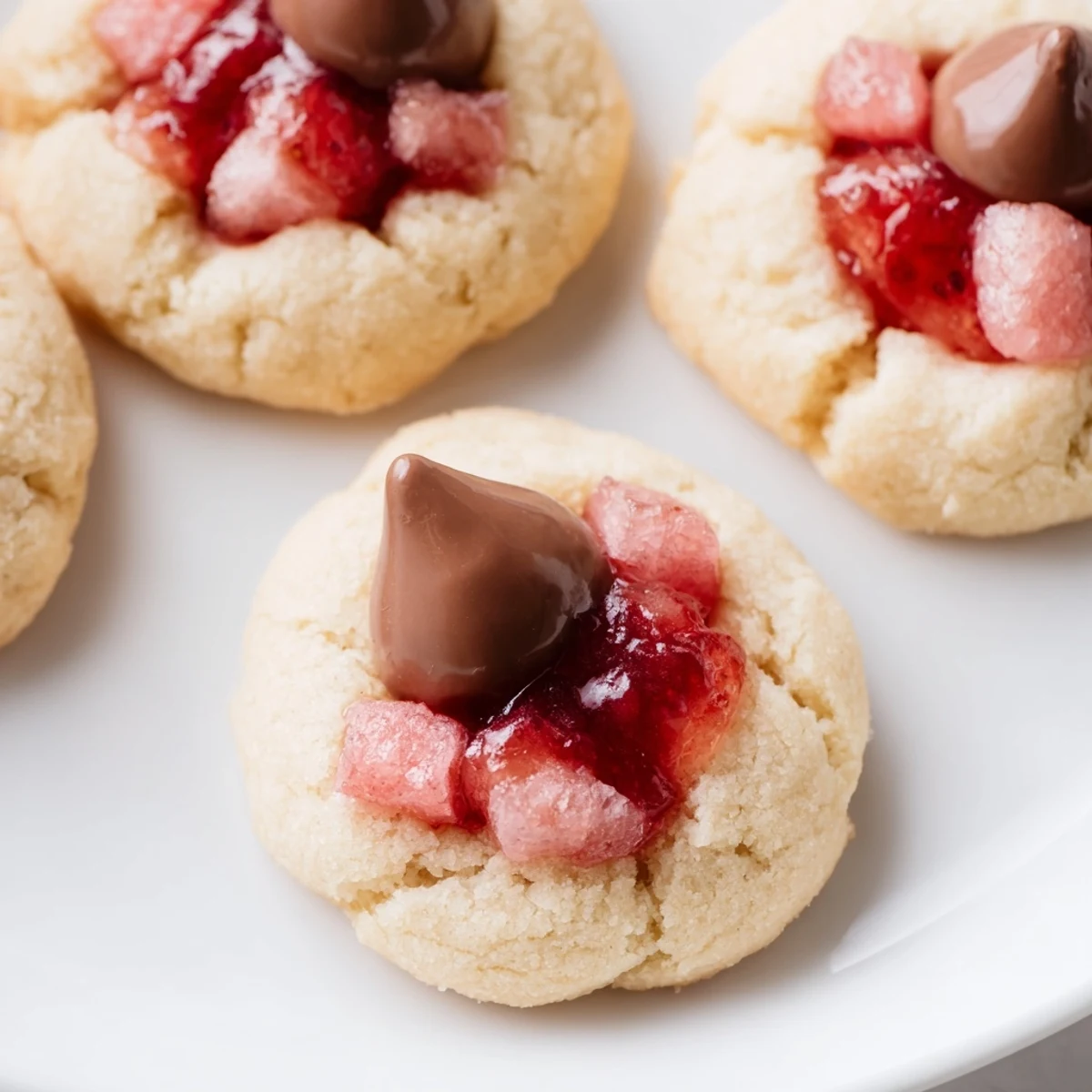 A close-up of Strawberry Kiss Cookies with visible strawberry flecks and gooey chocolate in a springtime setting.