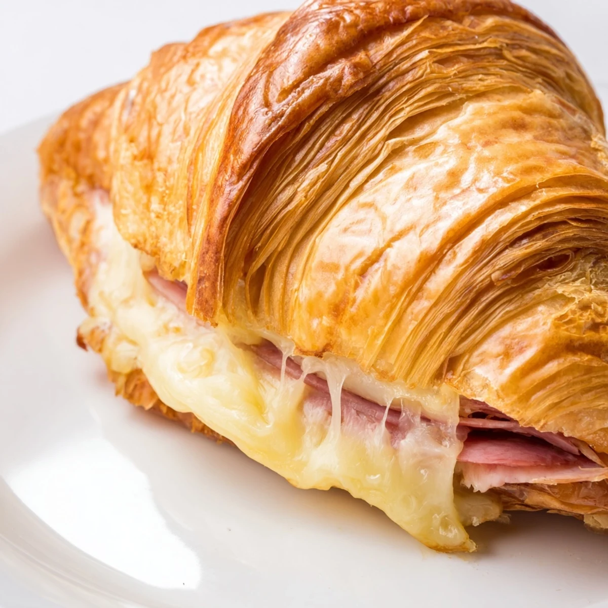 Golden, flaky Easy Air Fryer Beef Ham Cheese Croissants, filled with melted cheese and savory meats, resting on a rustic wooden board.