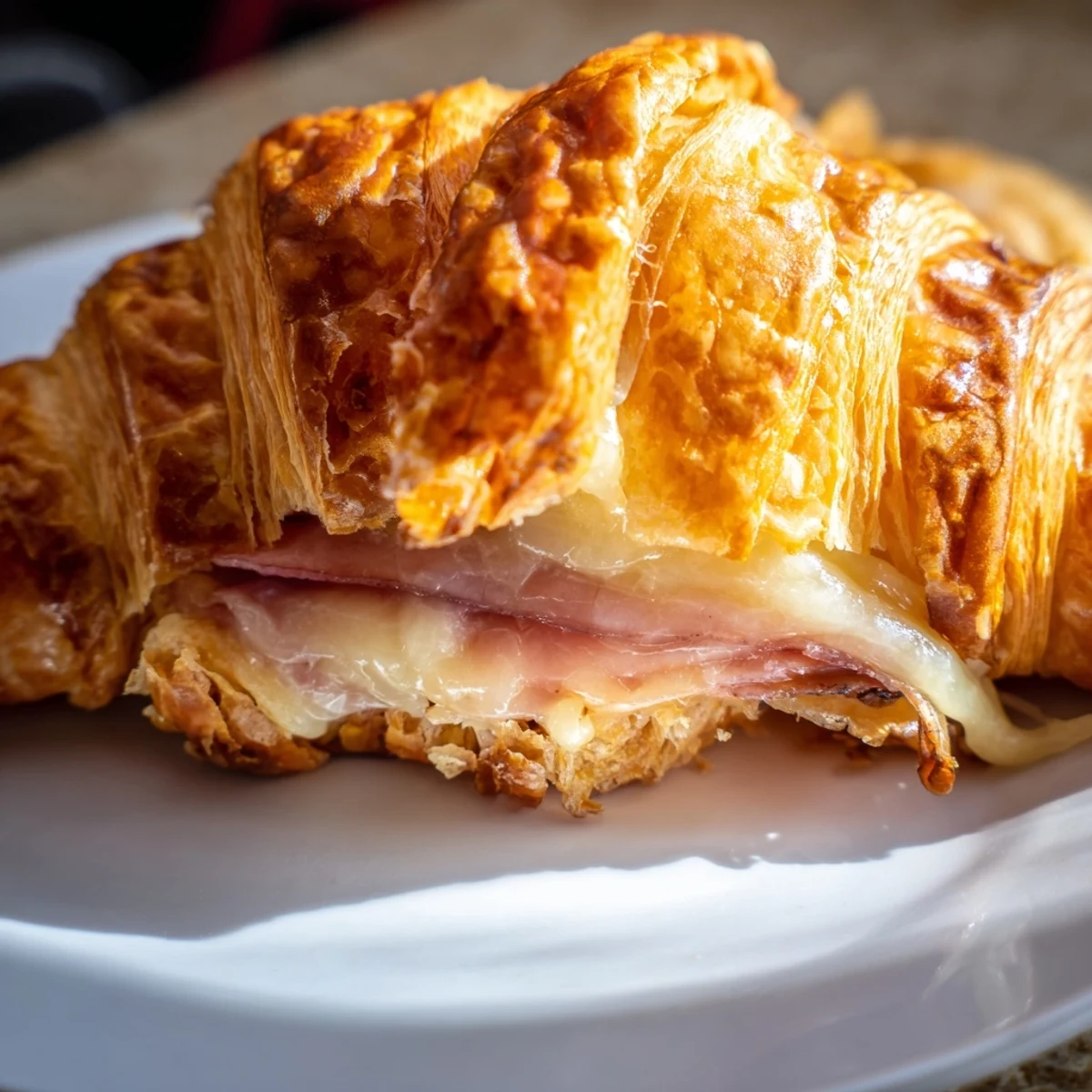 Freshly cooked Easy Air Fryer Beef Ham Cheese Croissants, arranged beside a dipping sauce and fresh herbs on a marble countertop.
