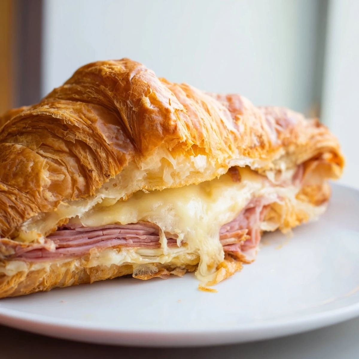 A close-up of warm Easy Air Fryer Beef Ham Cheese Croissants, showcasing the crisp crust and layered beef, ham, and cheese inside.