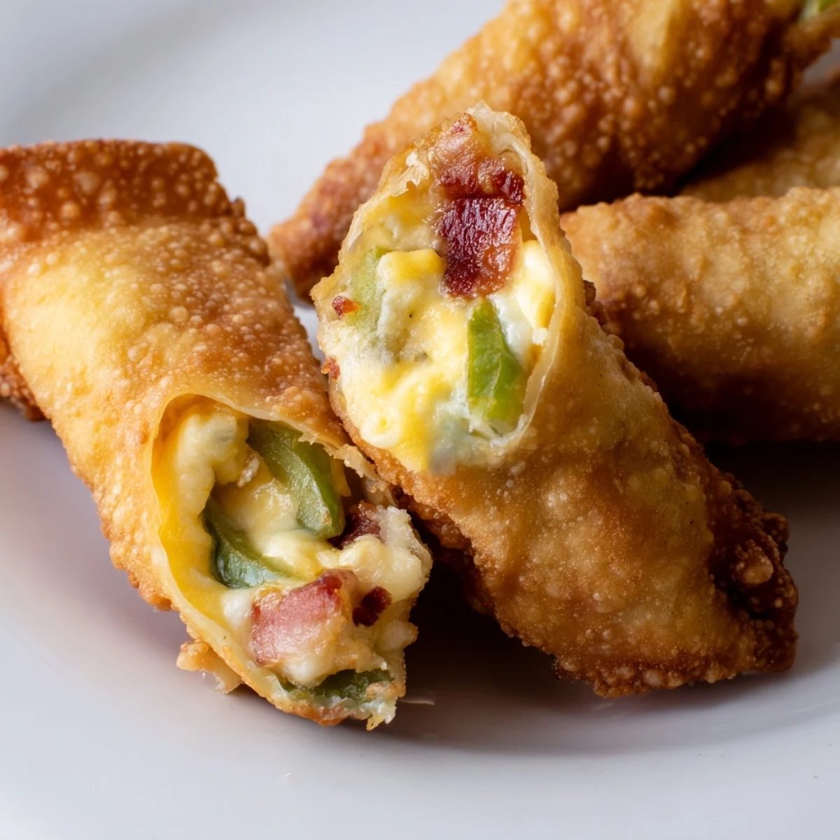 Golden, crispy Bacon Jalapeno Popper Eggrolls rest on a plate beside a small bowl of creamy ranch dip. 