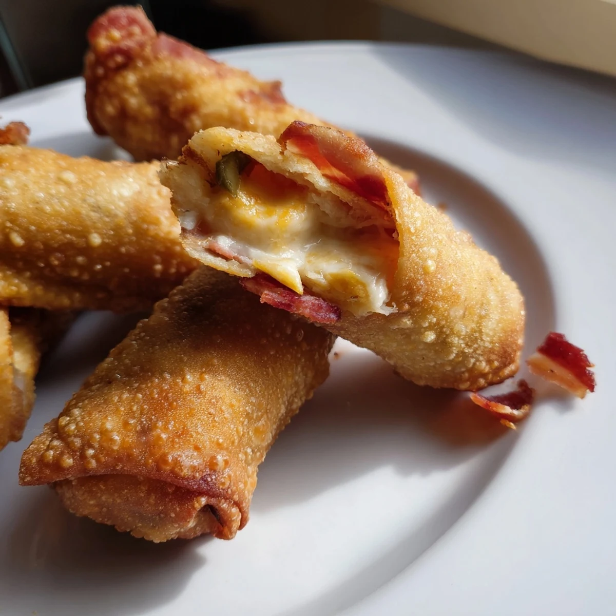A close-up of one halved Bacon Jalapeno Popper Eggroll reveals melted cheddar and cream cheese with bacon bits.
