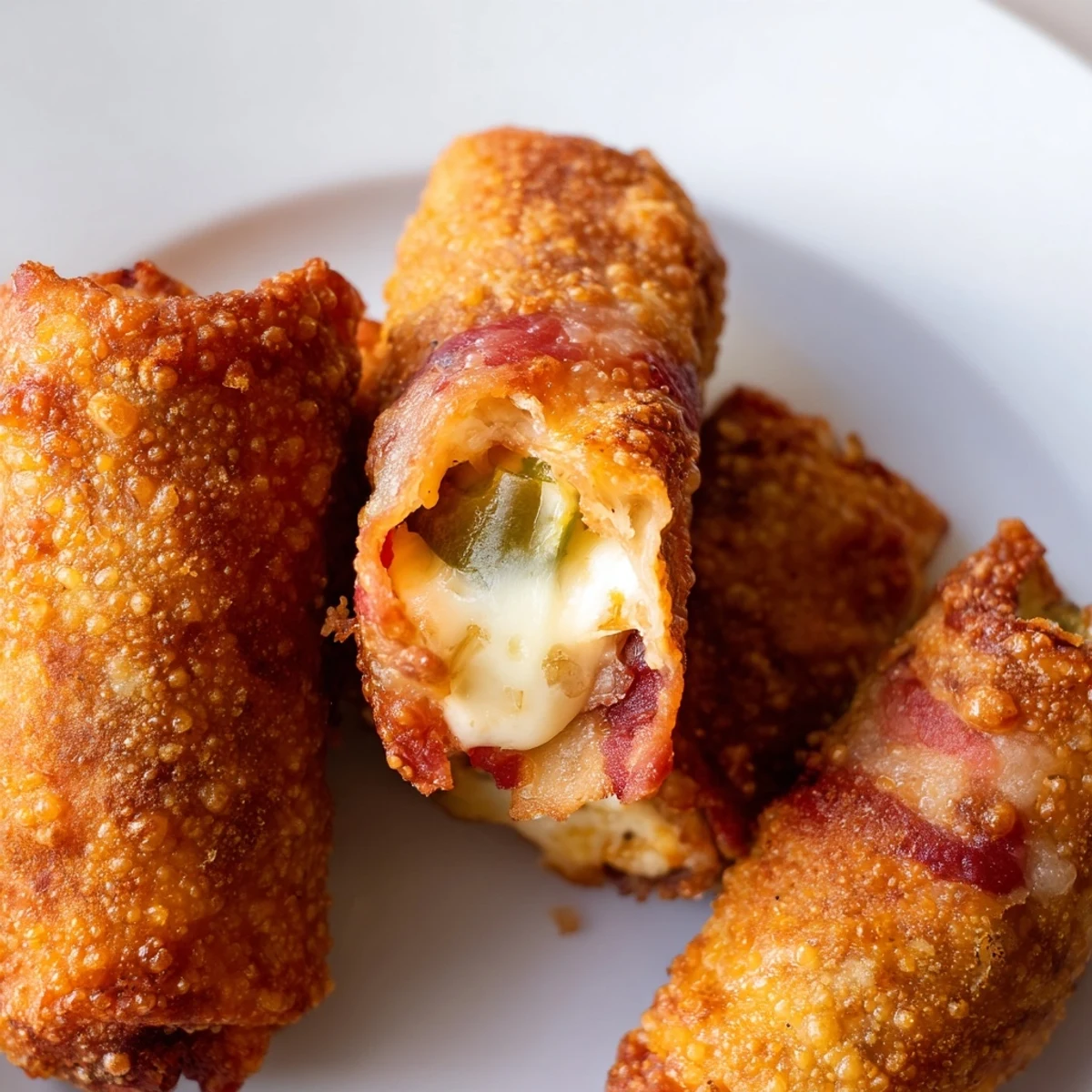 Six Bacon Jalapeno Popper Eggrolls are arranged on a wire rack, showing their deep-fried, golden-brown texture. 