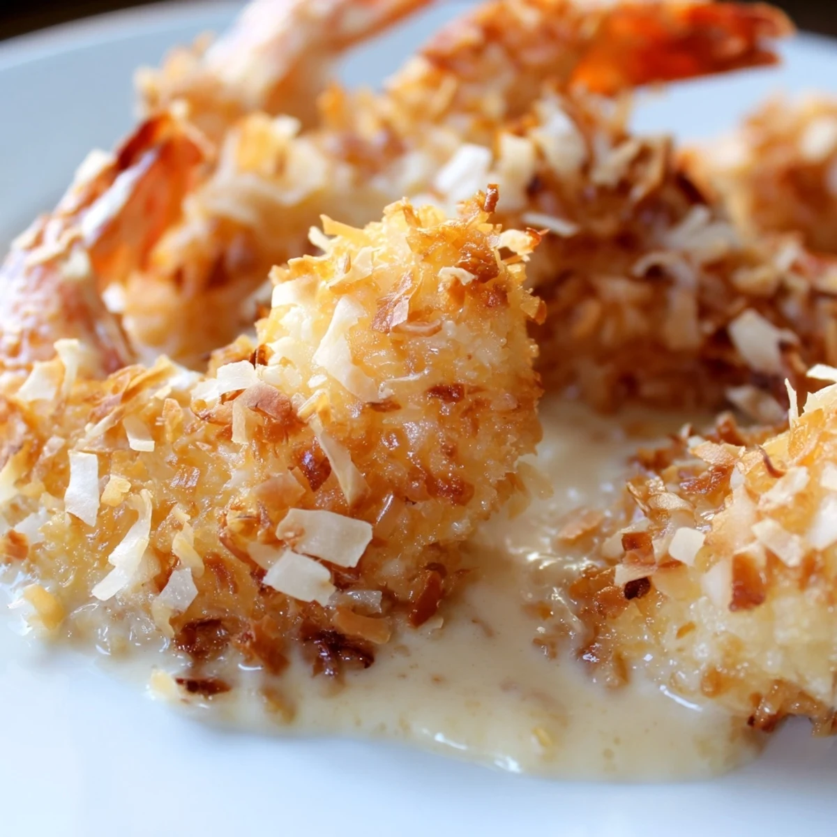 Plate of Chinese Coconut Shrimp with toasted coconut garnish beside steamed jasmine rice for dinner.  