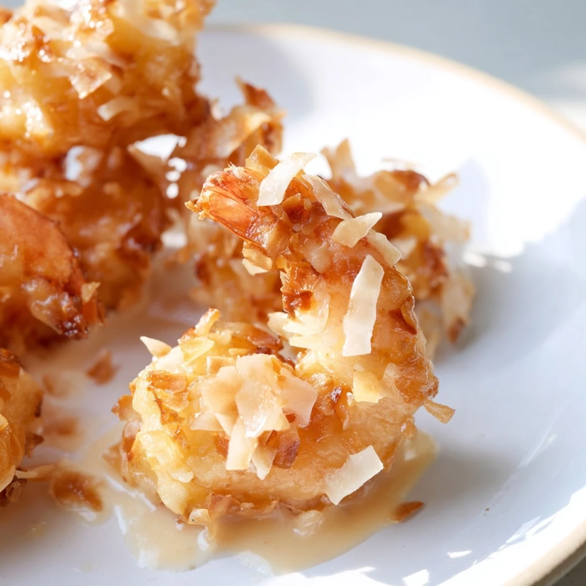 Golden crispy Chinese Coconut Shrimp coated in shredded coconut and drizzled with creamy coconut sauce.  