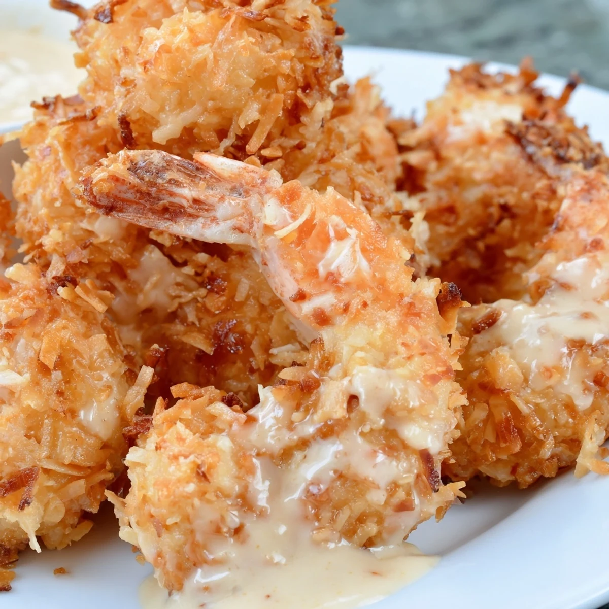 Close-up of saucy Chinese Coconut Shrimp topped with green onions and served as an appetizer.