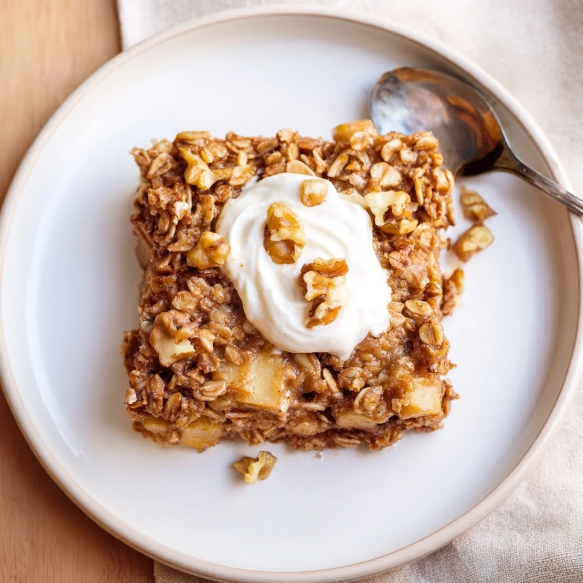 Warm Baked Apple Oatmeal with Greek Yogurt topped with cinnamon apples and creamy yogurt.