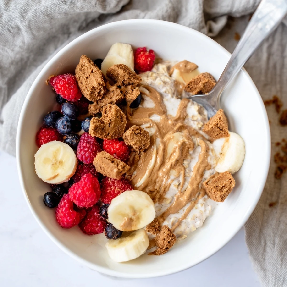 A jar of Quick Biscoff Overnight Oats topped with crushed cookies and fresh berries, served chilled for breakfast.