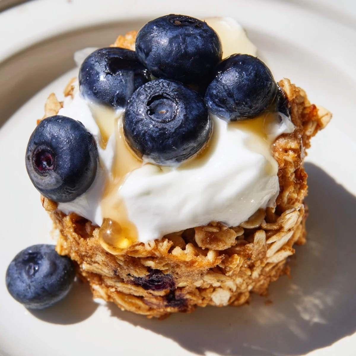 Warm baked oatmeal cups with Greek yogurt, honey drizzle, and blueberries served for breakfast.