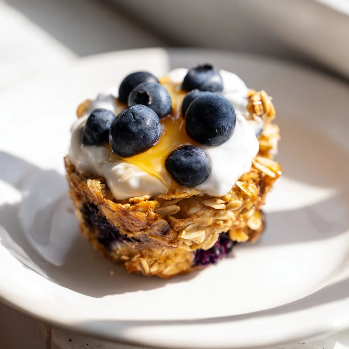 Freshly baked oatmeal cups with Greek yogurt topped with fresh berries on a rustic wooden table.
