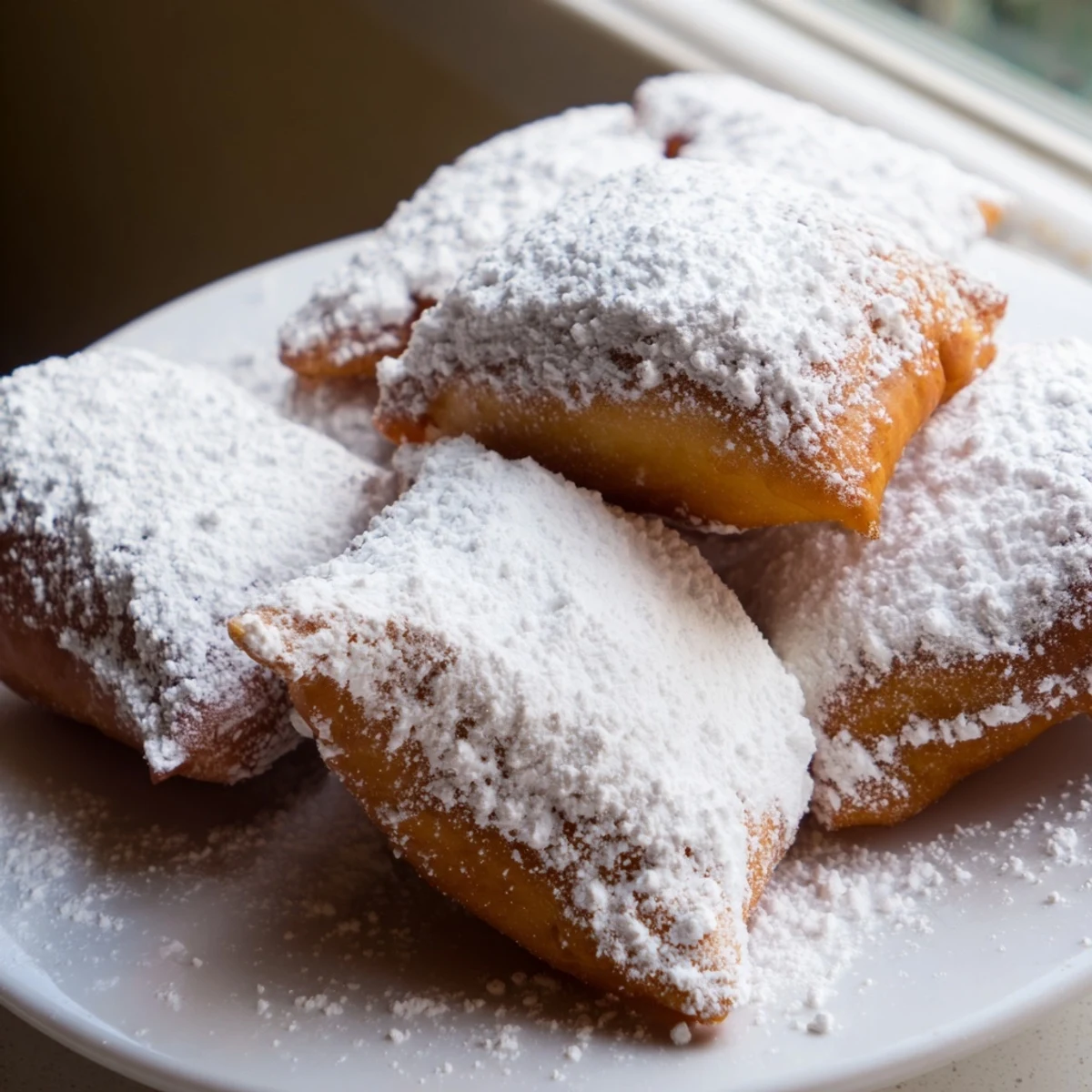 Golden-brown Vanilla French Beignets dusted with powdered sugar, served warm for a sweet breakfast treat.