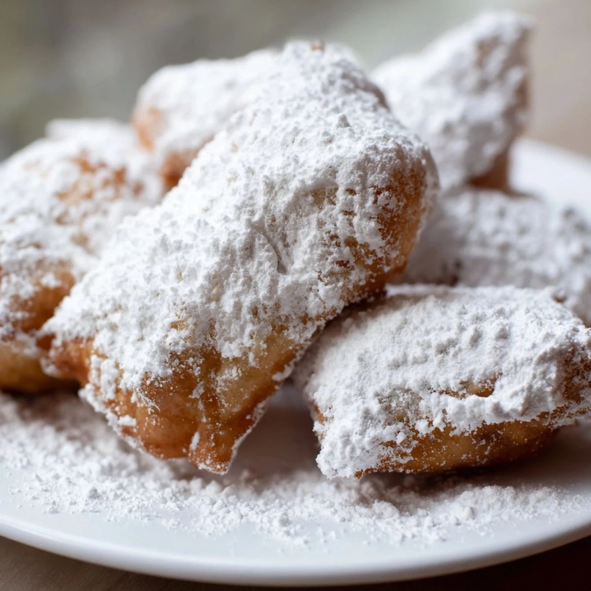 Warm Vanilla French Beignets stacked on a plate, ready to be dipped in chocolate sauce.