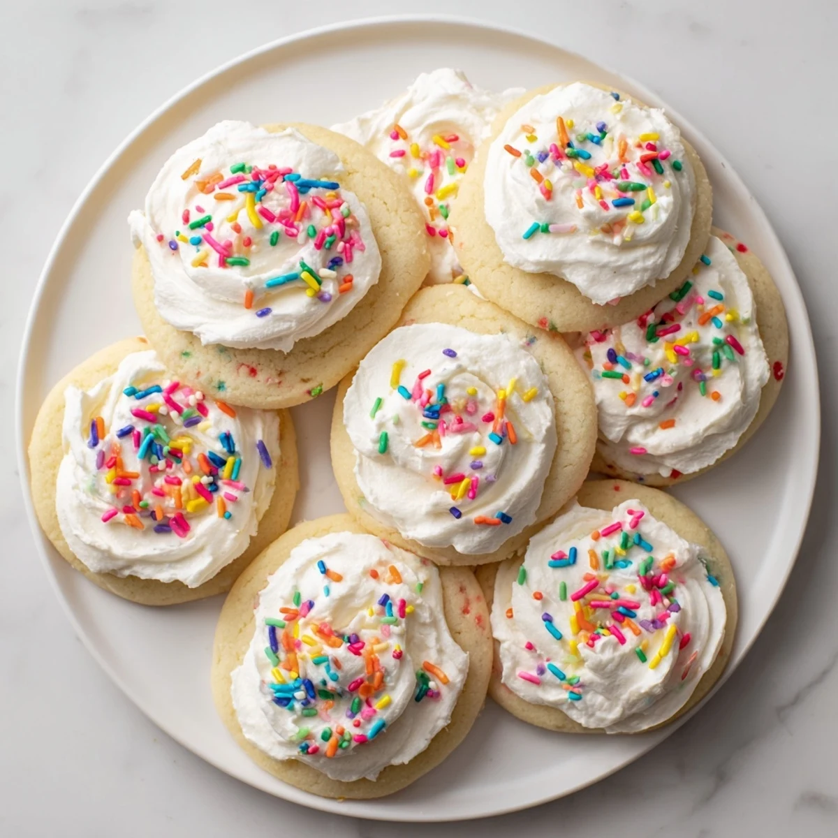 Fluffy Walmart-Style Sugar Cookies with Buttercream Frosting on a plate, perfect for a sweet party snack.