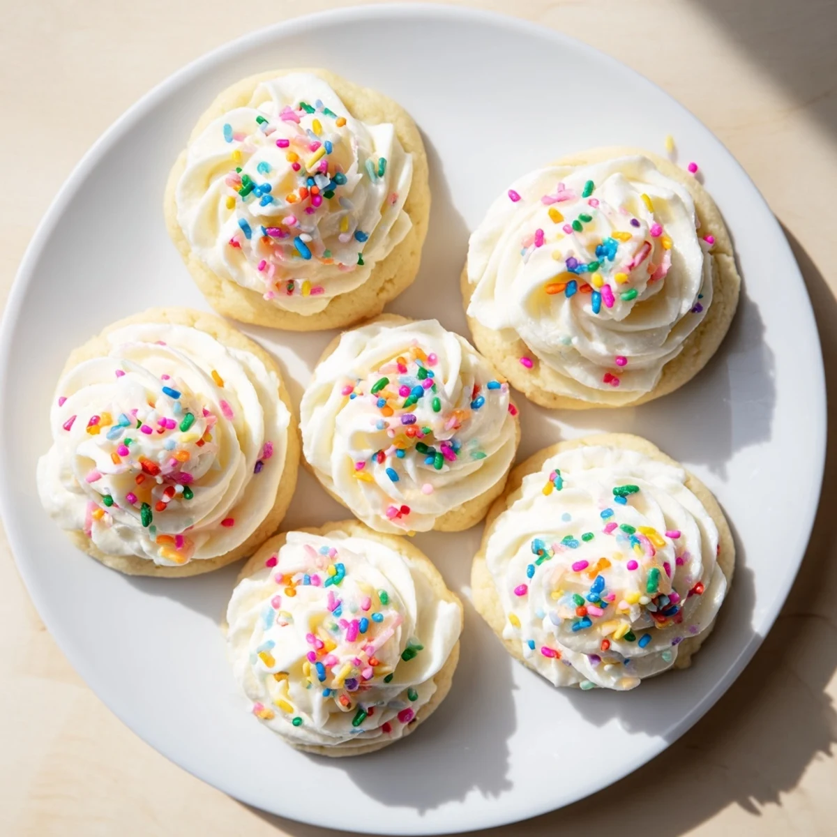 Freshly baked Walmart-Style Sugar Cookies with Buttercream Frosting decorated with sprinkles, ideal for home dessert trays.