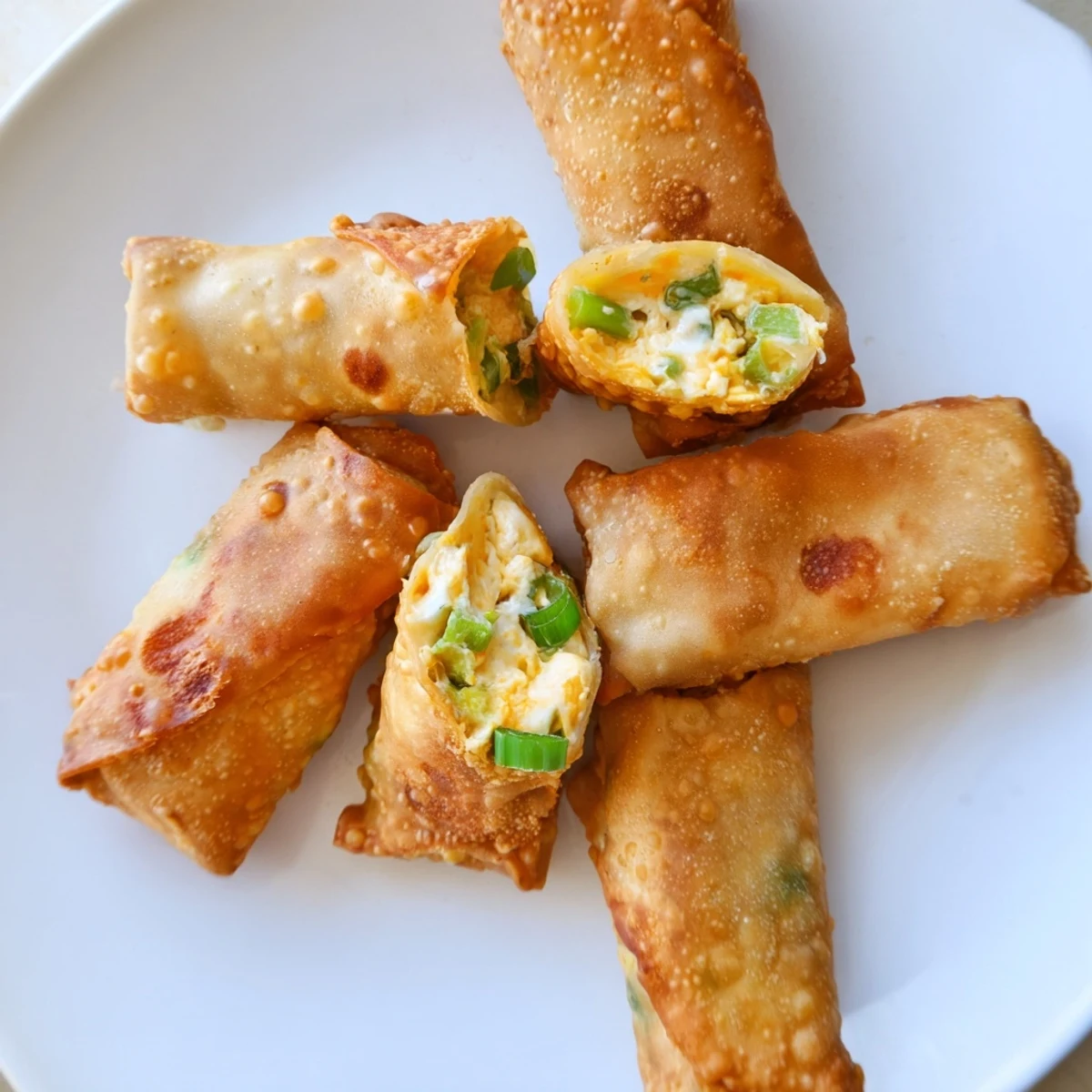 Golden-brown Mini Jalapeño Popper Egg Rolls sit stacked on a parchment-lined tray, with ranch dip and fresh jalapeños beside them.