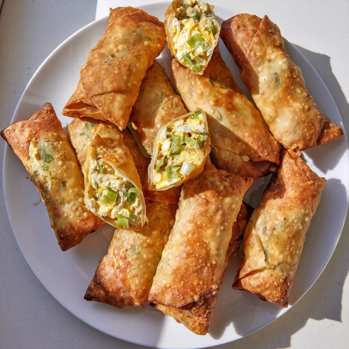 A platter of Mini Jalapeño Popper Egg Rolls ready to serve at a party, garnished with sliced green onions and dipping sauce.