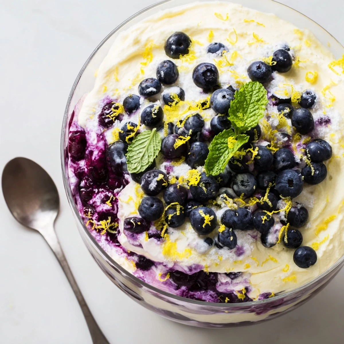 Clear glass dessert cups showcase layers of bright lemon mousse and deep purple blueberry compote in this Lemon Blueberry Mousse.